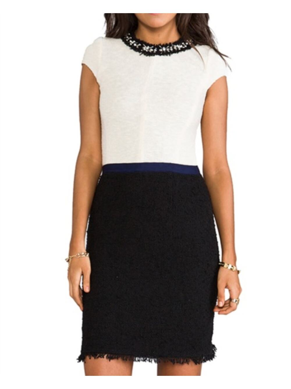 Rebecca Taylor Two Toned Embellished Neck Tweed Fringe Dress